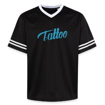 Tattoo Script in Teal - Unisex Football Style Mesh T-Shirt - pink/pink stripes - Front - AI Model Female 172 light (172cm) & AI Model Male 178 dark (178cm)