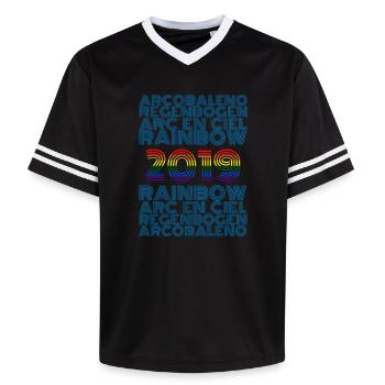 2019 - Unisex Football Style Mesh T-Shirt - pink/pink stripes - Front - AI Model Female 172 light (172cm) & AI Model Male 178 dark (178cm)