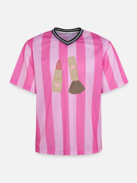 Heart Lip Lipstick & Brush Charm - Unisex Football Style Mesh T-Shirt - pink/pink stripes