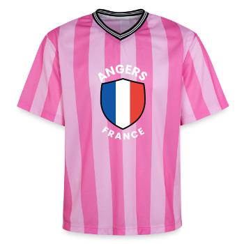Angers France Shield Emblem - Unisex Football Style Mesh T-Shirt - pink/pink stripes - Front - AI Model Female 172 light (172cm) & AI Model Male 178 dark (178cm)