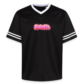 ISABELLA GRAFFITI NAME FÜR PERFEKTES GESCHENK DRUCKBAR - Unisex Football Style Mesh T-Shirt - Rosa/Rosa Streifen - Vorne - AI Model Female 172 light (172cm) & AI Model Male 178 dark (178cm)
