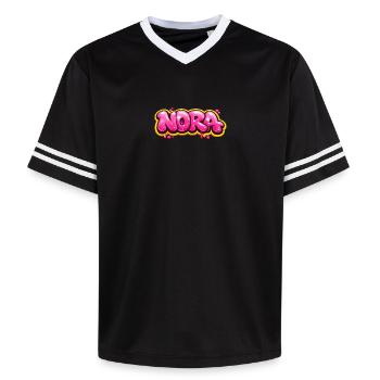 NORA GRAFFITI NAME FOR PERFECT GIFT PRINTABLE - Unisex Football Style Mesh T-Shirt - pink/pink stripes - Front - AI Model Female 172 light (172cm) & AI Model Male 178 dark (178cm)