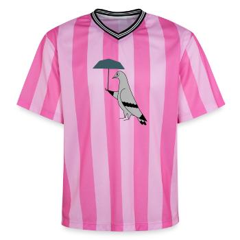 Pigeon with Umbrella – Urban Minimal Illustration - Unisex Football Style Mesh T-Shirt - Rosa/Rosa Streifen - Vorne - AI Model Female 172 light (172cm) & AI Model Male 178 dark (178cm)