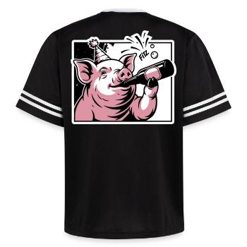 Piggy with Party and Celebration Bottle - Unisex Football Style Mesh T-Shirt - pink/pink stripes - Back - AI Model Male 178 dark (178cm)