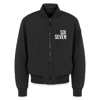 67 "six seven" text - Unisex Bomber Jacket - black - Front - AI Model Female 172 light (172cm) & AI Model Male 185 light (185cm)