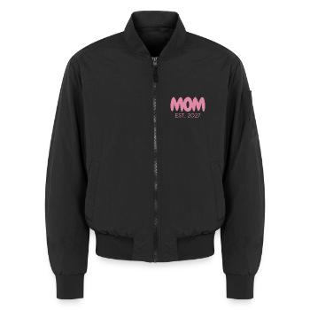Mom EST. 2027  - Unisex Bomberjacke - Schwarz - Vorne - AI Model Female 172 light (172cm) & AI Model Male 185 light (185cm)