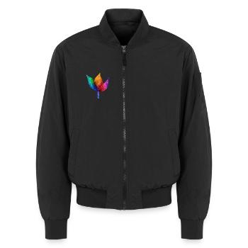 Regenbogengeometrisches Blatt - Unisex Bomberjacke - Schwarz - Vorne - AI Model Female 172 light (172cm) & AI Model Male 185 light (185cm)