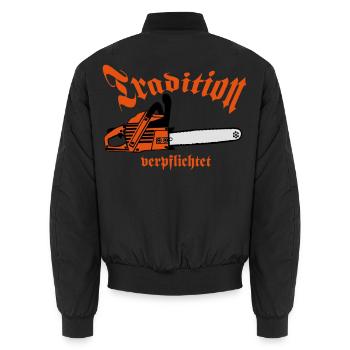 Motorsäge , Kaminholz , Tradition verpflichtet(25) - Unisex Bomberjacke - Schwarz - Hinten - AI Model Male 185 light (185cm)