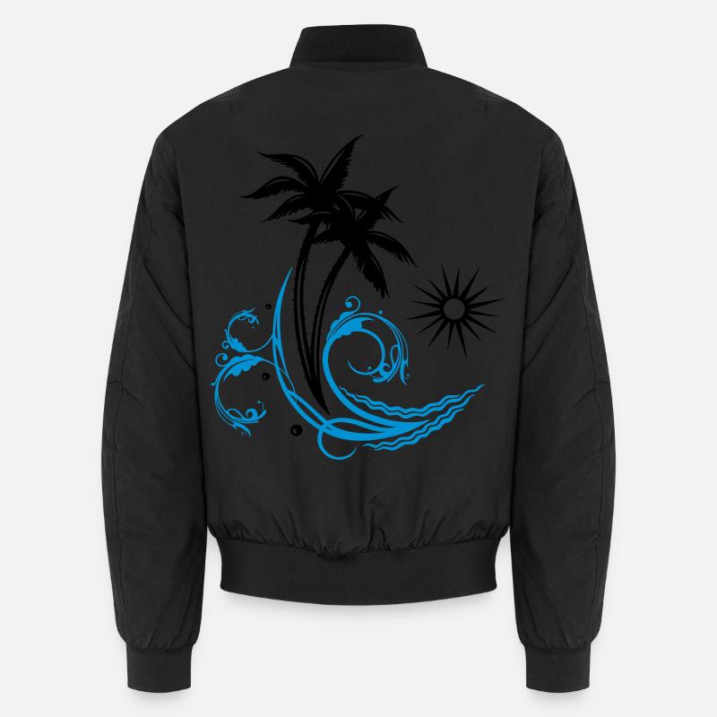 Palmiers avec vagues et soleil, vacances, surf. Bomber unisexe