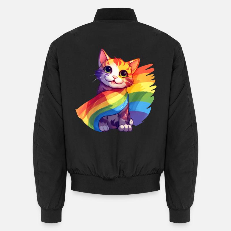 Pride Cat – Bunte Regenbogen-Katze mit Flagge Unisex Bomberjacke