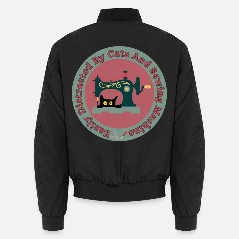 Cat at Sewing Machine Retro - Unisex Bomber Jacket - black