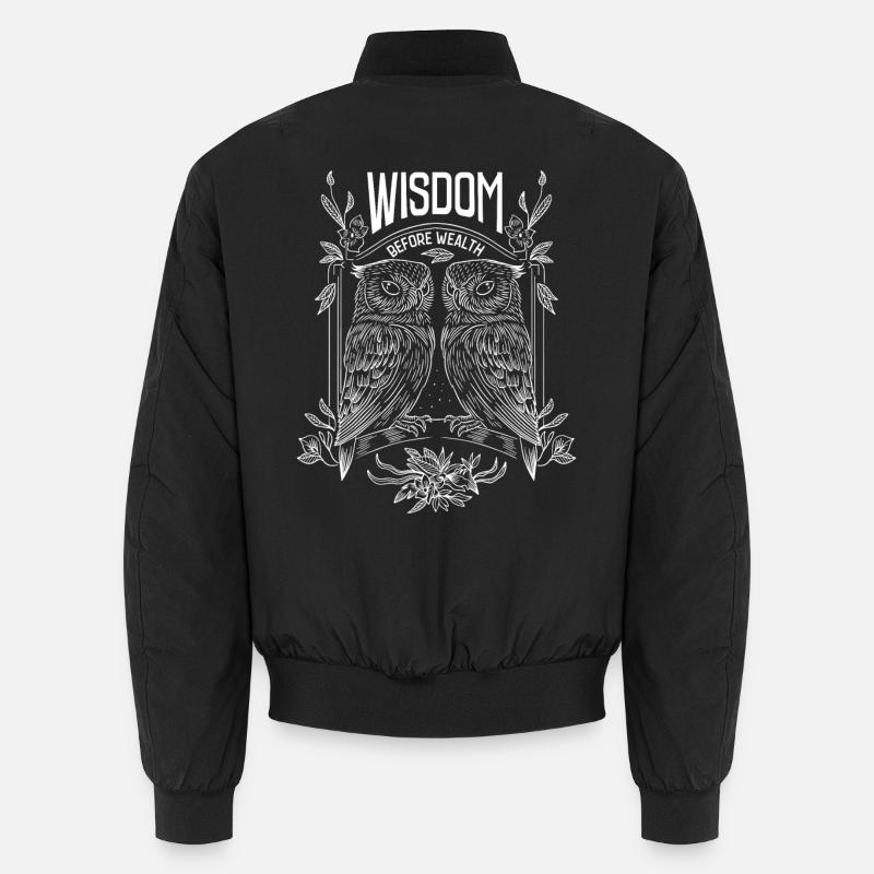 Wisdom Before Wealth– Mystische Eulen Illustration Unisex Bomberjacke