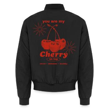 Cherry on Top – Sweet Perfection - Unisex Bomber Jacket - black - Back - AI Model Male 185 light (185cm)