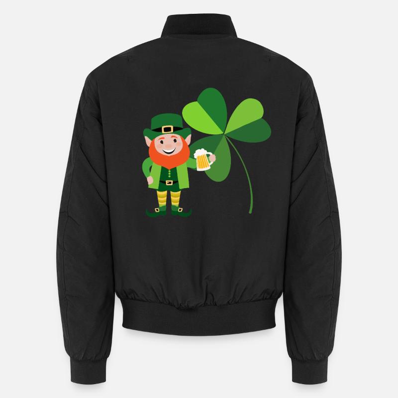 Kobold lächelnd vor einem irischen Kleeblatt Unisex Bomberjacke