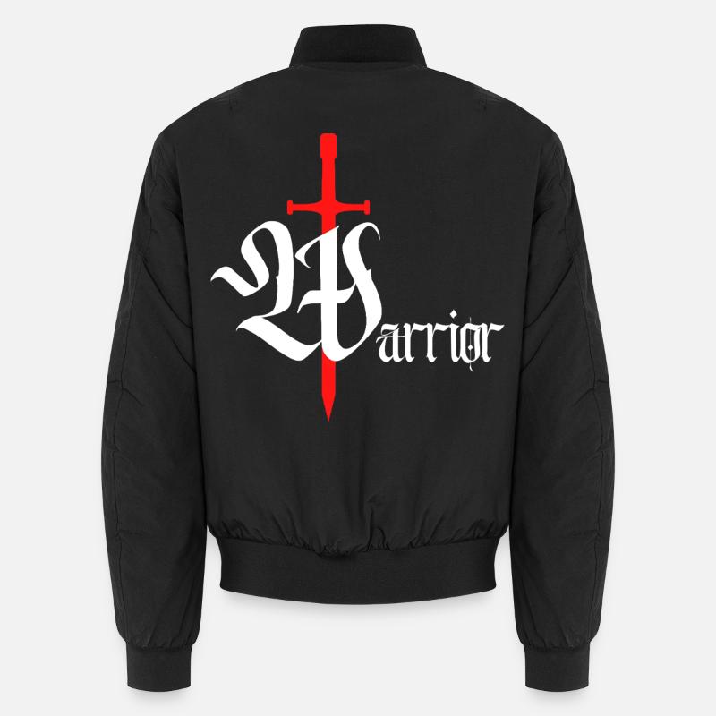 Gothic Warrior Design with Sword white text Unisex Bomber Jacket