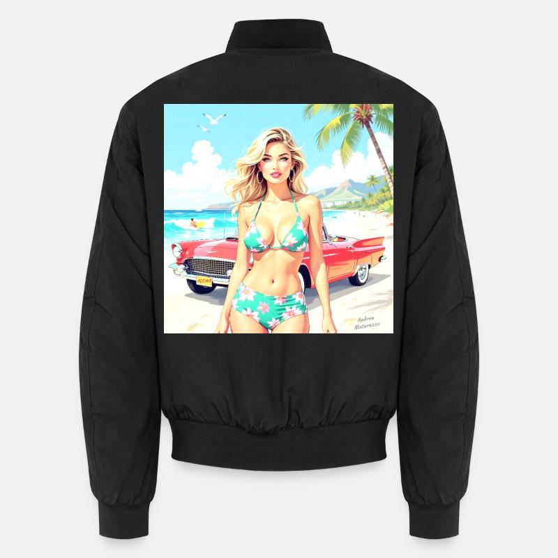 Frau am Strand mit Oldtimer Unisex Bomberjacke