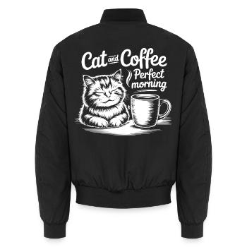 Cat love and coffee enjoyment - Unisex Bomber Jacket - black - Back - AI Model Male 185 light (185cm)