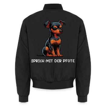 Sprich mit der Pfote Zwergpinscher Pinscher Minpin - Unisex Bomberjacke - Schwarz - Hinten - AI Model Male 185 light (185cm)