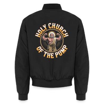 Hallowed be thy Gains - Funny Jesus Gym Meme - Unisex Bomber Jacket - black - Back - AI Model Male 185 light (185cm)