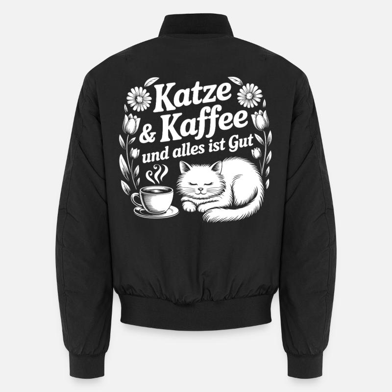 Cat & Coffee Snuggle Design - Unisex Bomber Jacket - black