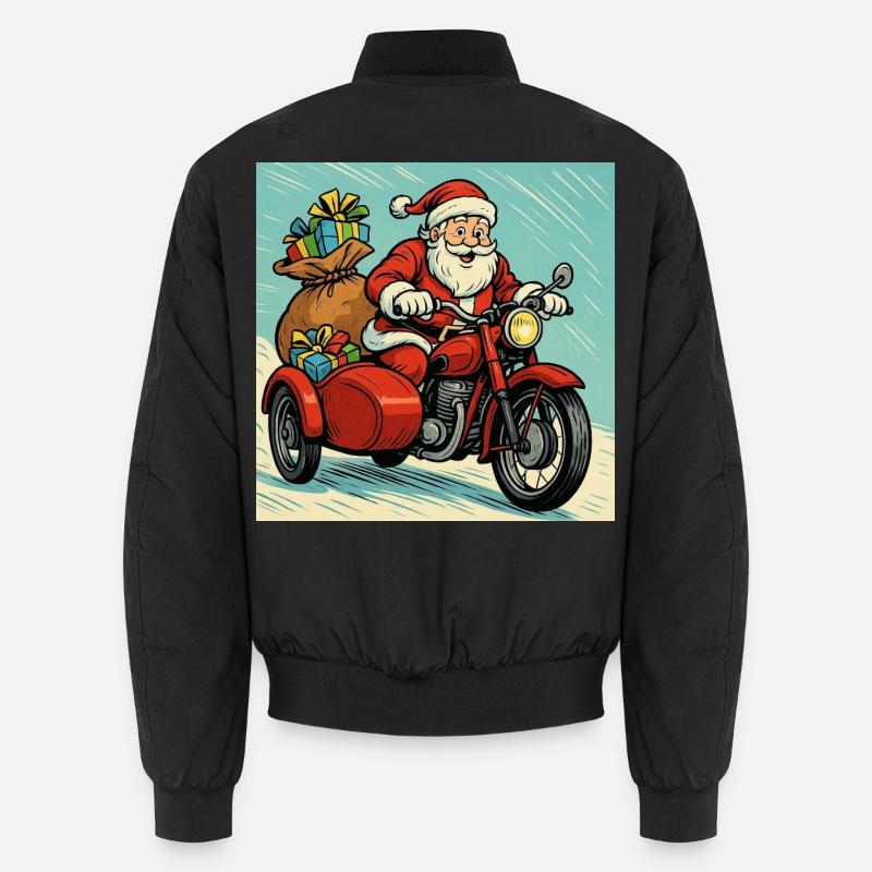 Santa Claus on a Motorcycle with Sidecar – Comics Style Unisex Bomber Jacket