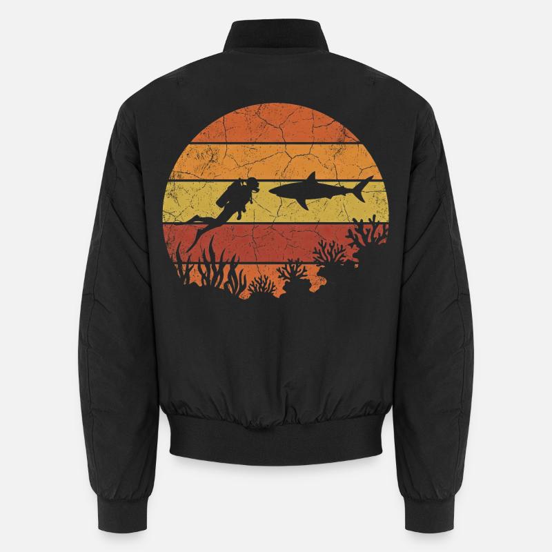 Diver and shark with retro sunset Unisex Bomber Jacket