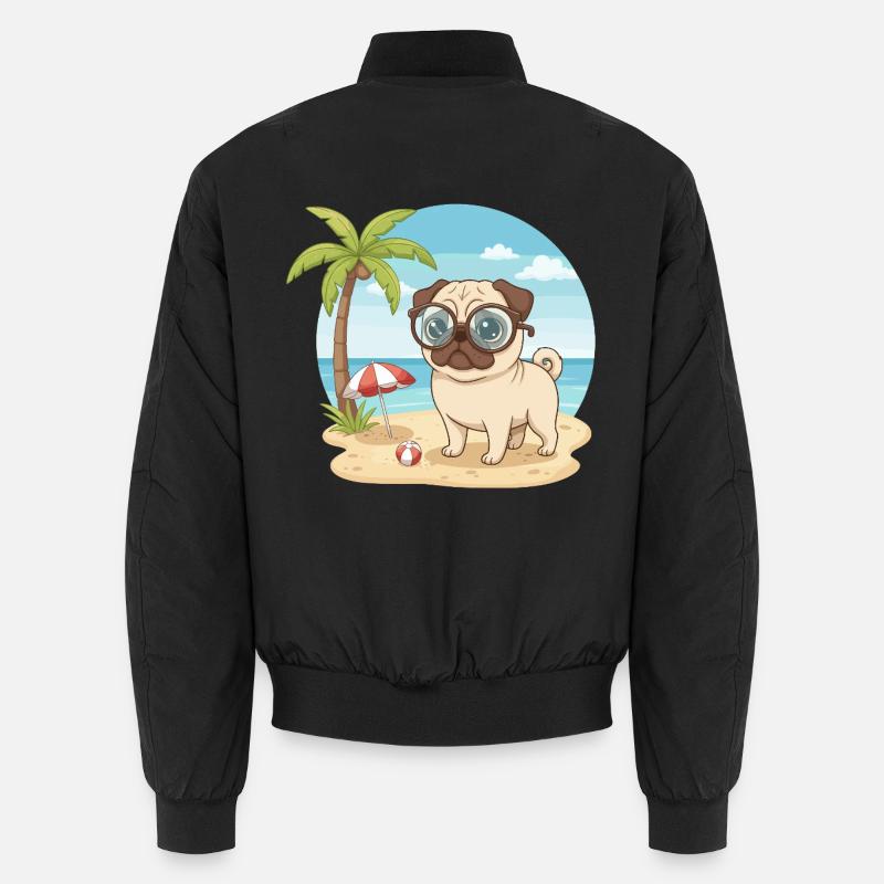 Cute Pug with Glasses Beach Summer Vacation Unisex Bomber Jacket