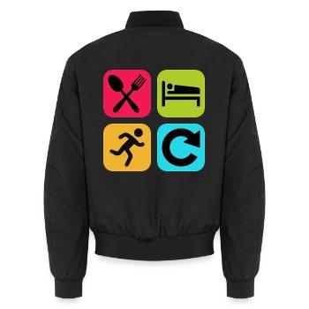Essen, schlafen, laufen, wiederholen, lustiges Zitat, Joggerin - Unisex Bomberjacke - Schwarz - Hinten - AI Model Male 185 light (185cm)