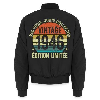 Vintage 1946 Édition Limitée Cadeau Anniversaire - Bomber unisexe - noir - Dos - AI Model Male 185 light (185cm)