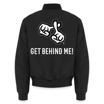 Get Behind Me! (Cross / Bible / Religion / NEG 2C) - Unisex Bomber Jacket - black - Back - AI Model Male 185 light (185cm)