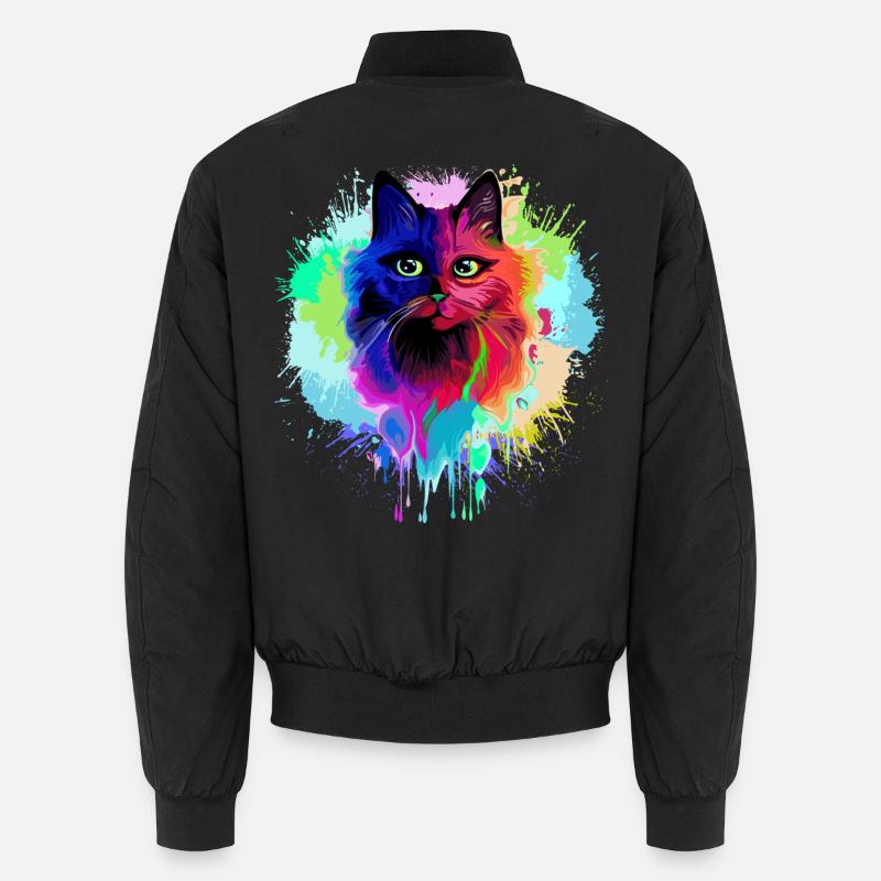 Cat Psychedelic Trippy Paint Splats - Unisex Bomber Jacket - black