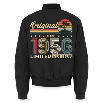 70th Birthday Gift Vintage June Vintage 1956 - Unisex Bomber Jacket - black - Back - AI Model Male 185 light (185cm)