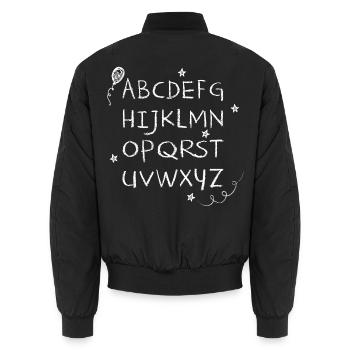 ABC chalk writing white stars & balloon - Unisex Bomber Jacket - black - Back - AI Model Male 185 light (185cm)