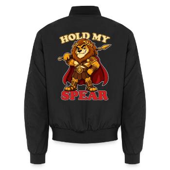 Hold My Spear Lustiges Löwen-Maskottchen - Unisex Bomberjacke - Schwarz - Hinten - AI Model Male 185 light (185cm)