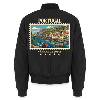 Portugal Câmara de Lobos Vintage Reisemarke - Unisex Bomberjacke - Schwarz - Hinten - AI Model Male 185 light (185cm)