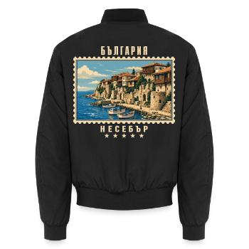 Bulgarien Nessebar Vintage Reisemarke - Unisex Bomberjacke - Schwarz - Hinten - AI Model Male 185 light (185cm)