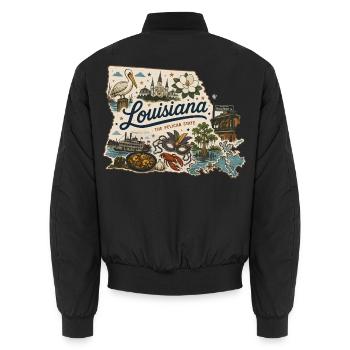 Louisiana Pelican State Vintage Reiseaufkleber - Unisex Bomberjacke - Schwarz - Hinten - AI Model Male 185 light (185cm)