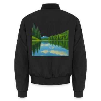Forest reflections on a peaceful lake - Unisex Bomber Jacket - black - Back - AI Model Male 185 light (185cm)