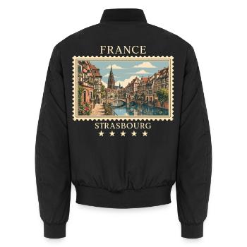 Frankreich Straßburg Vintage Reisemarke - Unisex Bomberjacke - Schwarz - Hinten - AI Model Male 185 light (185cm)