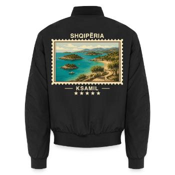 Albanien Ksamil Vintage Reisemarke - Unisex Bomberjacke - Schwarz - Hinten - AI Model Male 185 light (185cm)