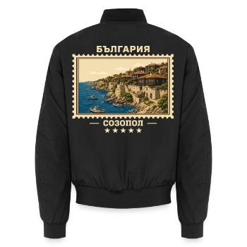 Bulgarien Sozopol Vintage Reisemarke - Unisex Bomberjacke - Schwarz - Hinten - AI Model Male 185 light (185cm)