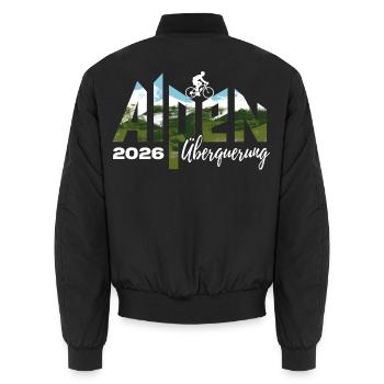Alpen Überquerung 2026 - Fahrrad - Unisex Bomberjacke - Schwarz - Hinten - AI Model Male 185 light (185cm)