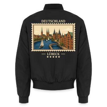 Deutschland Lübeck Vintage Reisemarke - Unisex Bomberjacke - Schwarz - Hinten - AI Model Male 185 light (185cm)