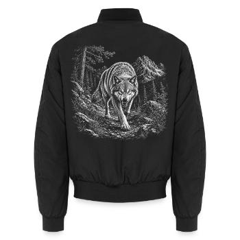 Wild wolf in mountain landscape in engraving style - Unisex Bomber Jacket - black - Back - AI Model Male 185 light (185cm)