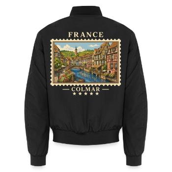 Frankreich Colmar Vintage Reisemarke - Unisex Bomberjacke - Schwarz - Hinten - AI Model Male 185 light (185cm)