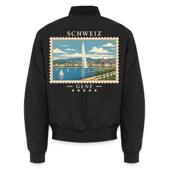 Schweiz Genf Vintage Reisemarke - Unisex Bomberjacke - Schwarz - Hinten - AI Model Male 185 light (185cm)