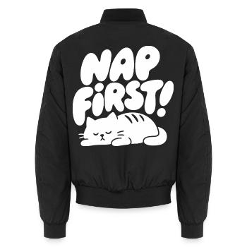 Nap First – Schlafende Katze für Katzenfans - Unisex Bomberjacke - Schwarz - Hinten - AI Model Male 185 light (185cm)