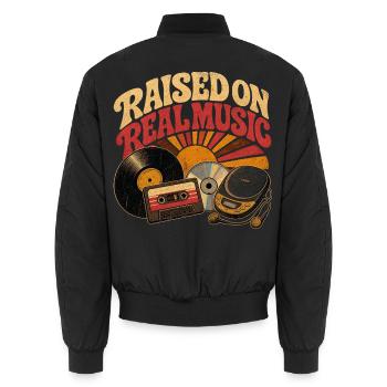 Aufgewachsen mit all diesen Vintage-Retro-Musik-Retro-Klassikern - Unisex Bomberjacke - Schwarz - Hinten - AI Model Male 185 light (185cm)