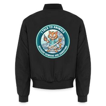 Lustiges Tierarztkatzen-Gespräch mit Tieren Menschliches Sarkasmus-Abzeichen - Unisex Bomberjacke - Schwarz - Hinten - AI Model Male 185 light (185cm)