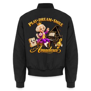 Mozart – Spiel, Träum, Lächeln! - Unisex Bomberjacke - Schwarz - Hinten - AI Model Male 185 light (185cm)